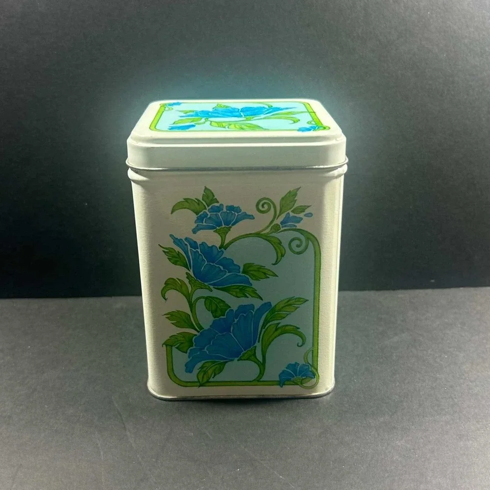 Floral Vintage Retro Tin White Blue Square Canister Small